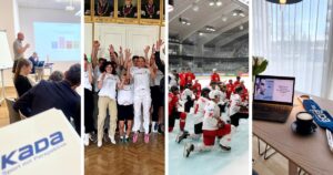 Vier Szenen aus KADAs Jahr 2024: Der Sport Austria Summit, ein Treffen von SLS-Teilnehmer:innen an der TU Graz, das erste Eishockey Showcase und die Vorbereitung eines Schulworkshops