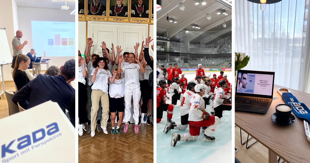 Vier Szenen aus KADAs Jahr 2024: Der Sport Austria Summit, ein Treffen von SLS-Teilnehmer:innen an der TU Graz, das erste Eishockey Showcase und die Vorbereitung eines Schulworkshops