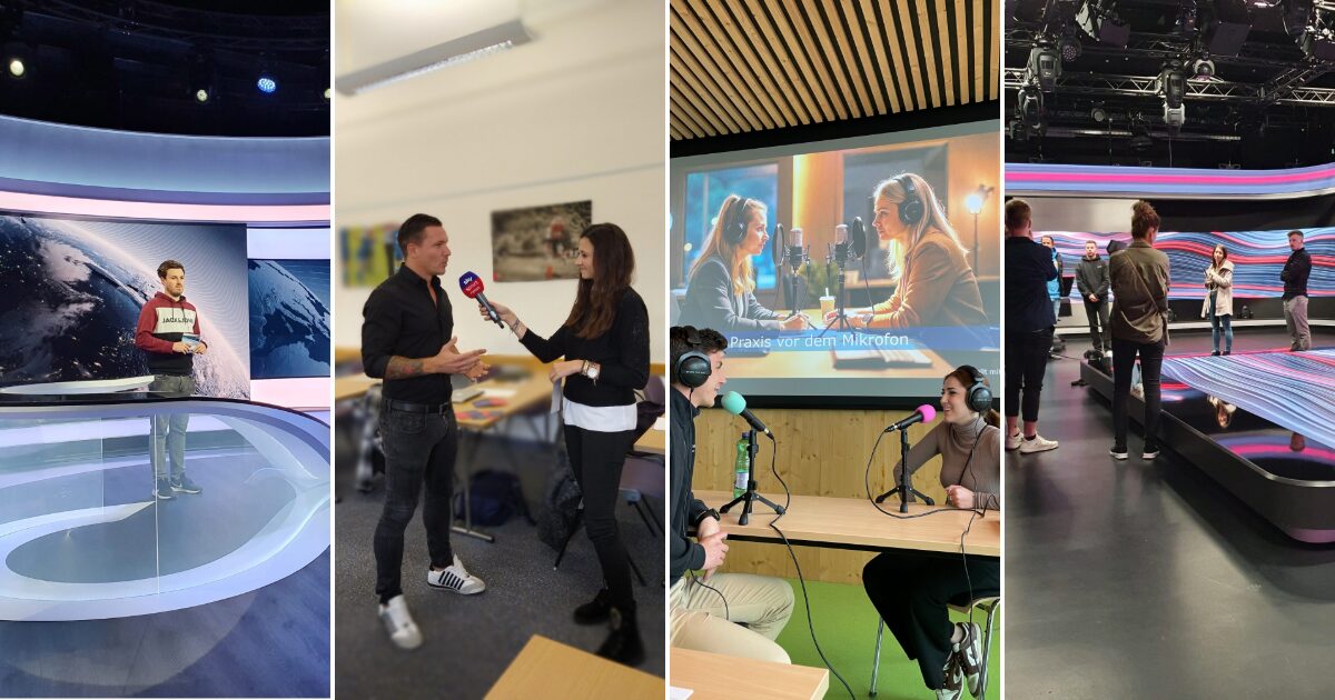 Foto-Collage: Teilnehmer:innen des Universitätslehrgangs Sportjournalismus bei Besuchen in Fernsehstudios, beim Interviewtraining und im Podcast-Setting